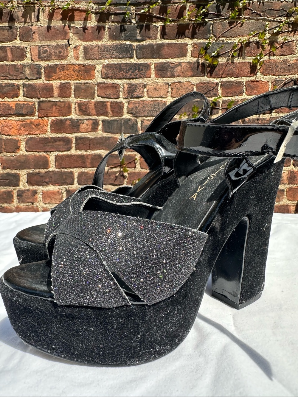 Black Glitter Platform Heeled Sandals - Women's